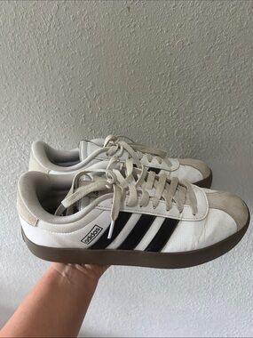 adidas White and Black Low-Top Sneakers with Brown Sole